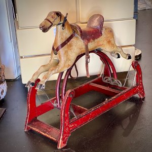 Antique Wooden Horse Glider, 19th century. Saddle is in remarkable condition. Real horse hair tail.