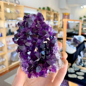 New Uruguayan Amethyst! Some of the darkest, nicest amethyst comes from Uruguay. Smaller crystal points and a deep purple color are characteristic of this material!