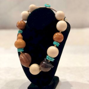 Mixed Wood Beads & Turquoise Disc Necklace
