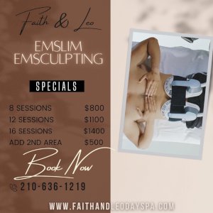 EMSlim will have you gained muscle definition and lose cellulite all with no physical activity 30 minutes to 90 minutes sessions available. Can be used on abdomen‘s, arms, thighs, and buttocks.