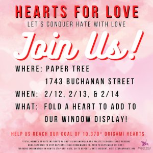 Come by Paper Tree this weekend & spread the love! Learn to fold an origami heart, & add it to our window display! It will be available out front during our store hours, so 11-5. If you can’t make it in person, check out the instructions on gofoldme.com