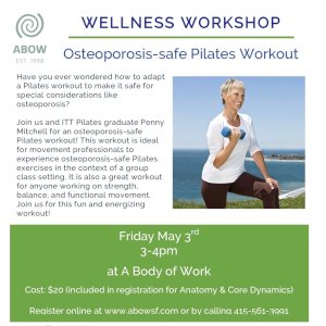 Help us celebrate Pilates Day on Friday May 3rd! Sign up for our Osteoporosis-safe Pilates Workout - a great workout for anyone - and be entered to win a free group Reformer class!