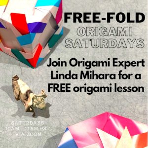 Every Saturday, Linda Mihara (award-winning origami artist & owner of Paper Tree) teaches a FREE online origami class 10AM PDT via Zoom. Registration opens 11AM a week prior to the class & closes Thursday night prior to each class. This week, 5/22/21 you can learn to fold a dragon!