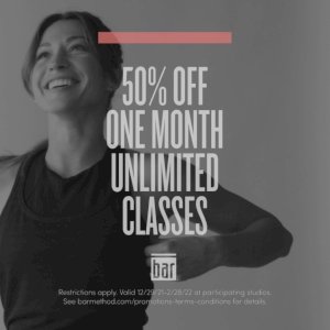 Routine without the rut, that’s how we do fitness at The Bar Method. When you take a class with us, you’ll experience results quickly and feel phenomenal. If you give us 30 days, we’ll prove it to you, and save 50% off your first month!

For $69, experience the barre class that puts the “work” in workout. You’ll be blown away by the precision of this method and our supportive and skilled instructors.

Promo ends 2/28/22. Valid for new & returning (6+ mo) clients. Buy now, start anytime.