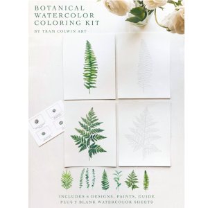 Botanical Watercolor Coloring Kit:
Paint beautiful and elegant botanicals to beautify your home with this watercolor kit! Six handcrafted designs are lightly printed on watercolor paper to help you create watercolor art in a fun and stress-free  experience!