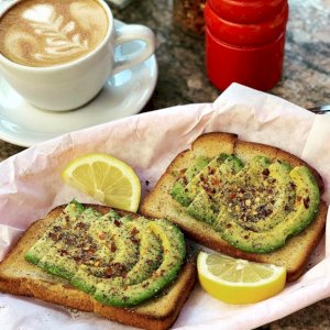 Gluten free avocado toast with an oat milk cappuccino!